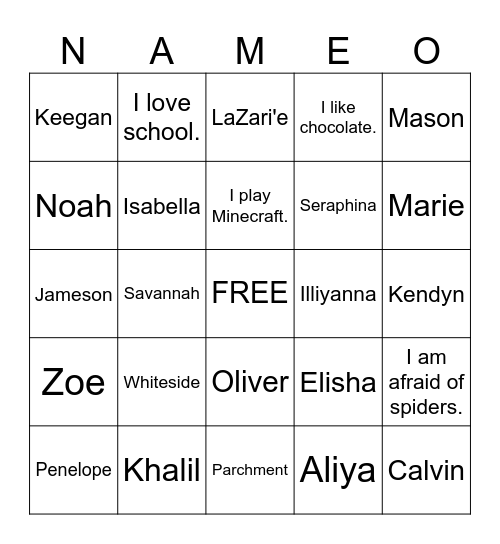 Name Bingo Card