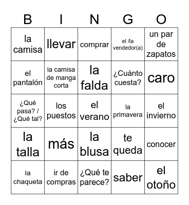 Spanish Phrases Bingo Card