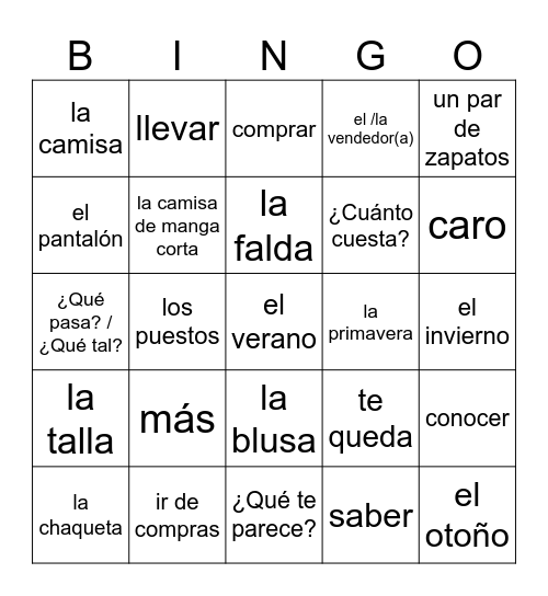 Spanish Phrases Bingo Card