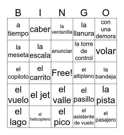 Spanish 2~Chapter 7 vocab Bingo Card