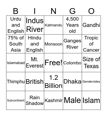 South Asia Bingo Card
