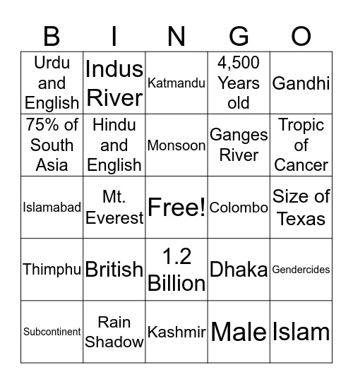 South Asia Bingo Card