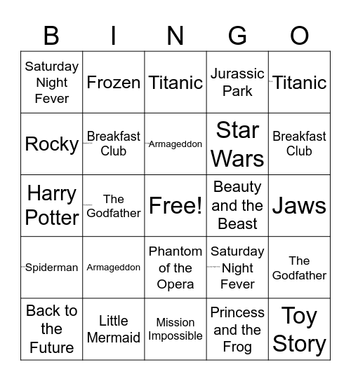 Movie/Musical THEME SONG Bingo Card