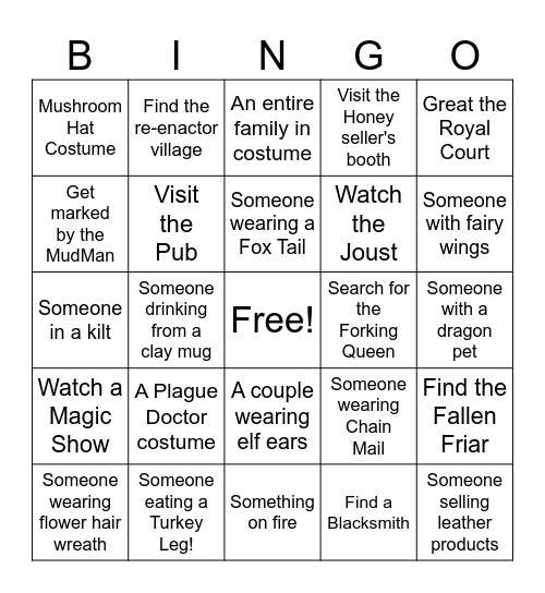 Renaissance Festival Bingo Card