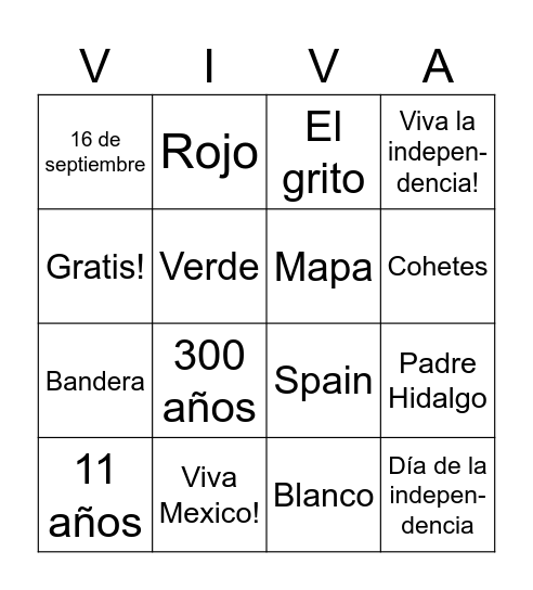 Mexican Independence Day bingo Card