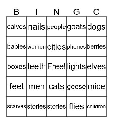 Bingo Plurals Bingo Card