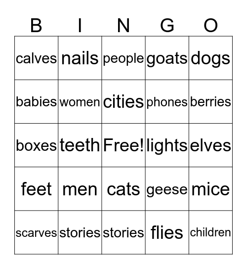 Bingo Plurals Bingo Card