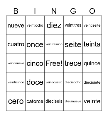 Spanish Numbers Bingo Card