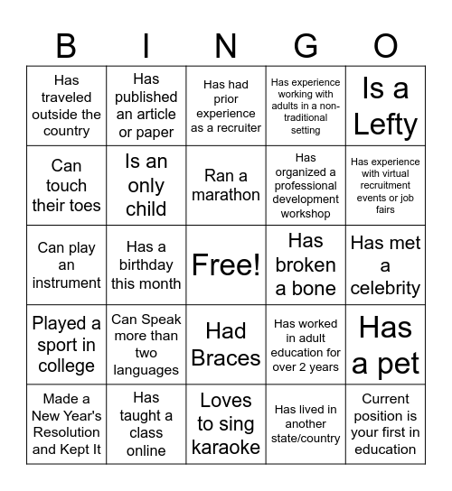 GET TO KNOW YOU BINGO Card