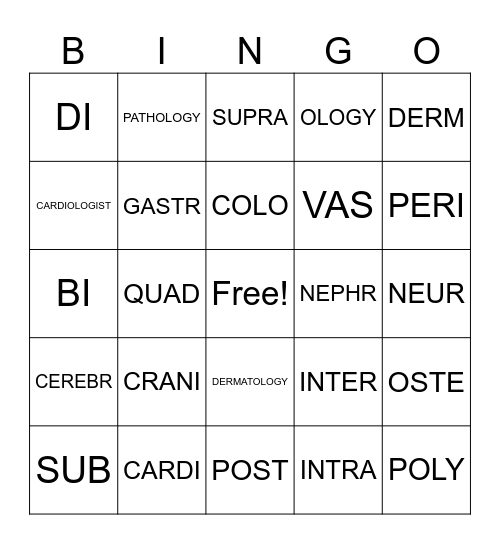 Medical Term BINGO #1 Bingo Card