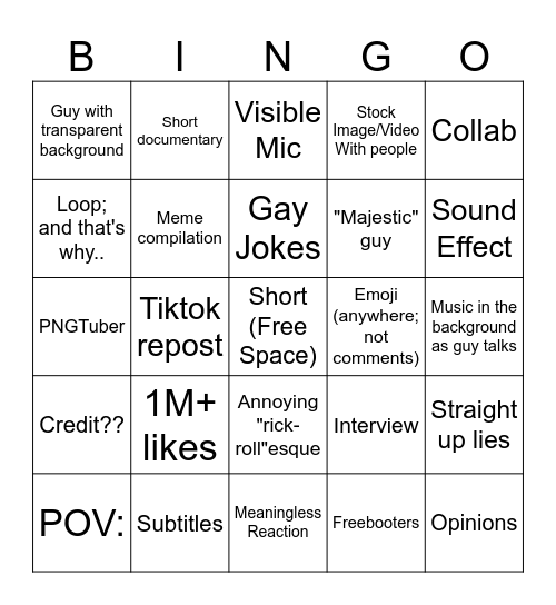 Youtube SHORTS!! Bingo Card