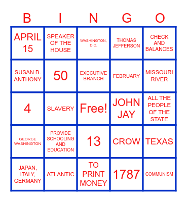 CITIZENSHIP EXAM BINGO Card