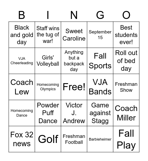 Homecoming Bingo Card