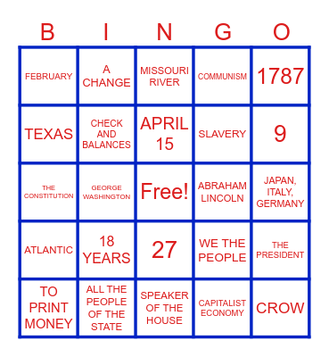 CITIZENSHIP EXAM BINGO Card