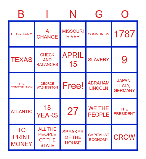 CITIZENSHIP EXAM BINGO Card