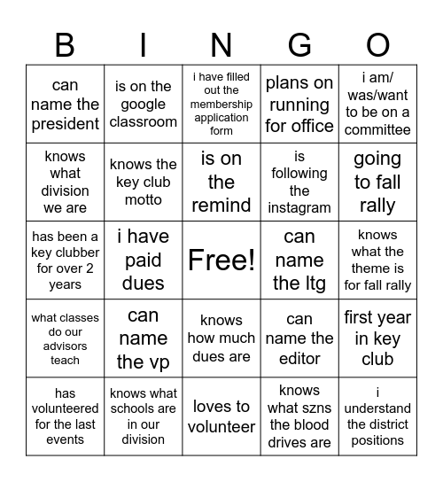 CCHS Key Club Bingo Card