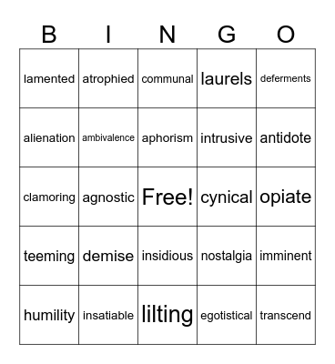 Vocabulary Bingo Card