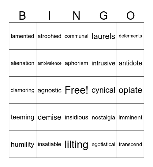 Vocabulary Bingo Card