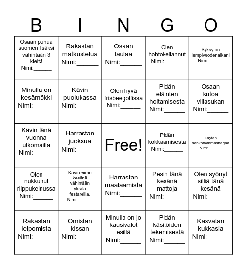 Selvitä kuka työkavereistasi: Bingo Card