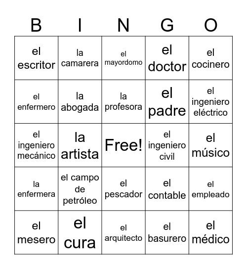 Las Profesiones Bingo Card