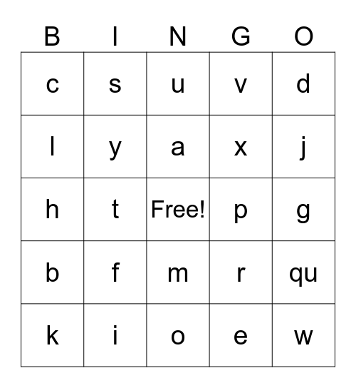 Letter Sounds Bingo Card
