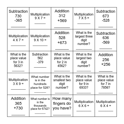 Level 3 Math Review Bingo Card