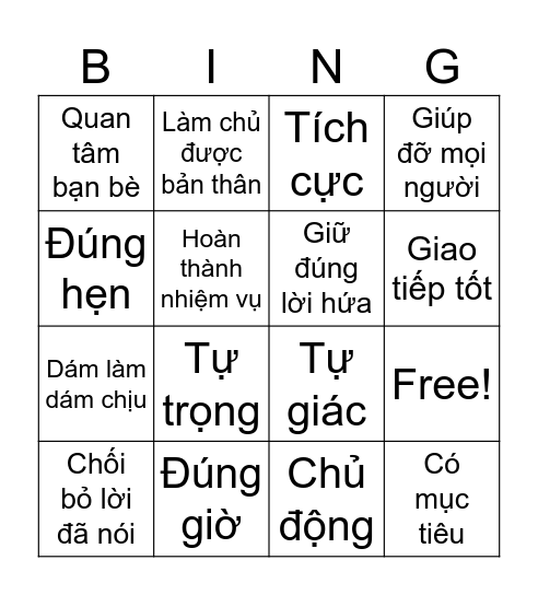 Phẩm chất của học sinh Bingo Card