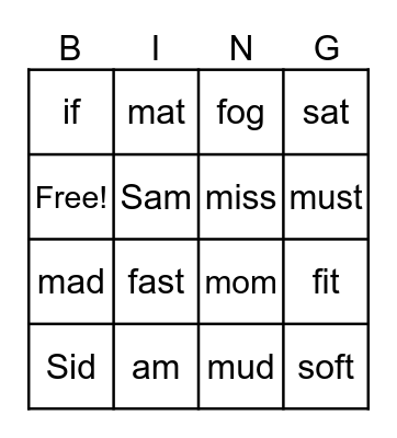 Sounding Out Words BINGO 1 Bingo Card