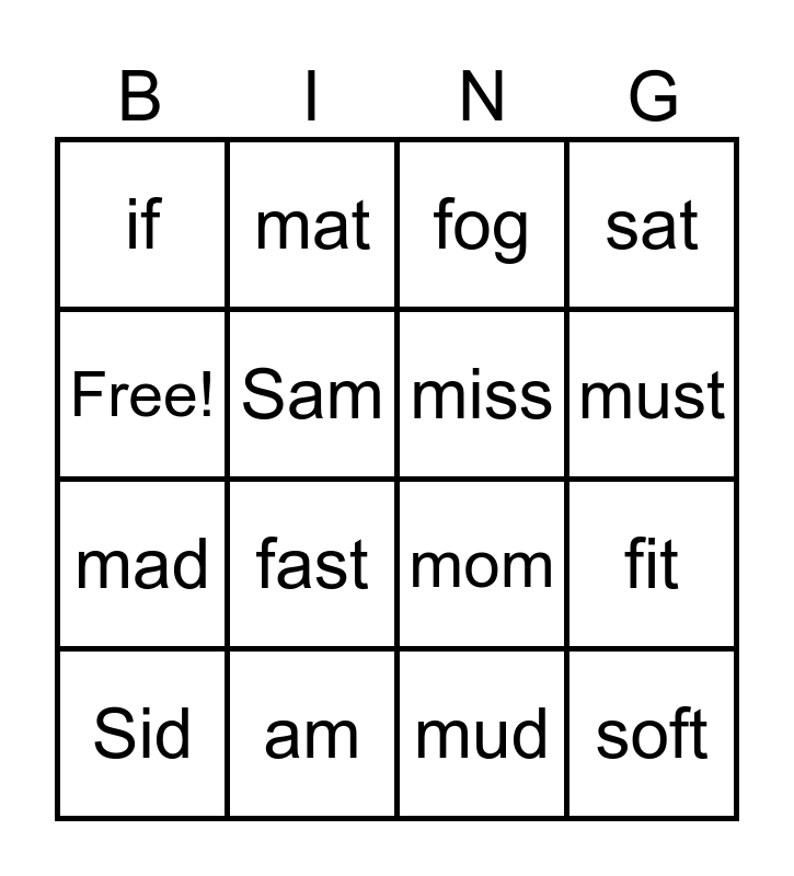 Sounding Out Words BINGO 1 Bingo Card