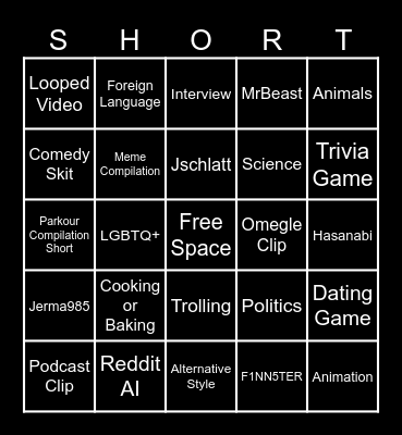 YouTube Shorts Bingo Card
