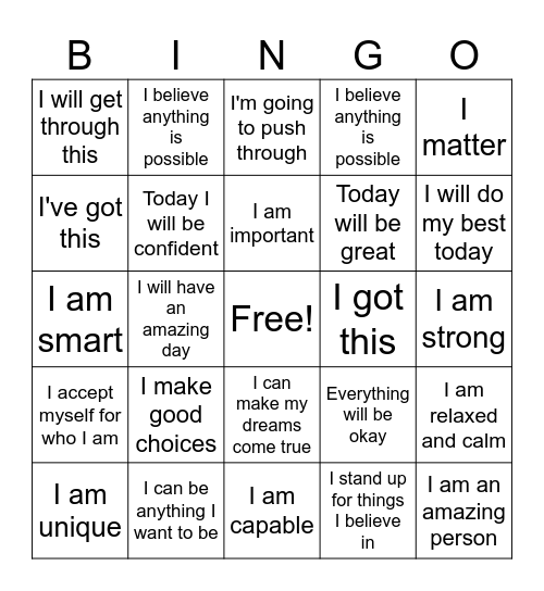 Positive Affirmations Bingo Card