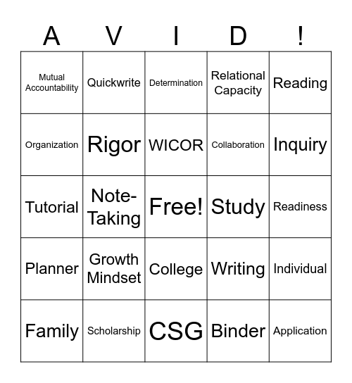 AVID BINGO Card