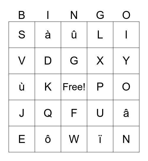 Alphabet Français avec accents Bingo Card