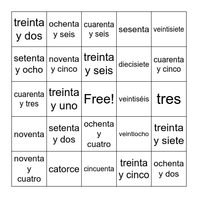 Spanish Numbers Bingo 0-100 Bingo Card