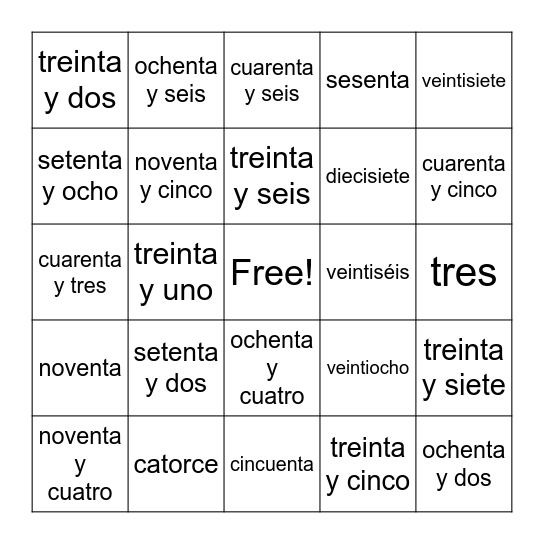Spanish Numbers Bingo 0-100 Bingo Card