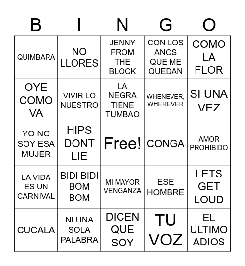 LATIN WOMEN OF MUSIC- Mujeres latinas de la musica Bingo Card