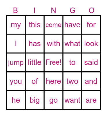 Sight Words K Bingo Card