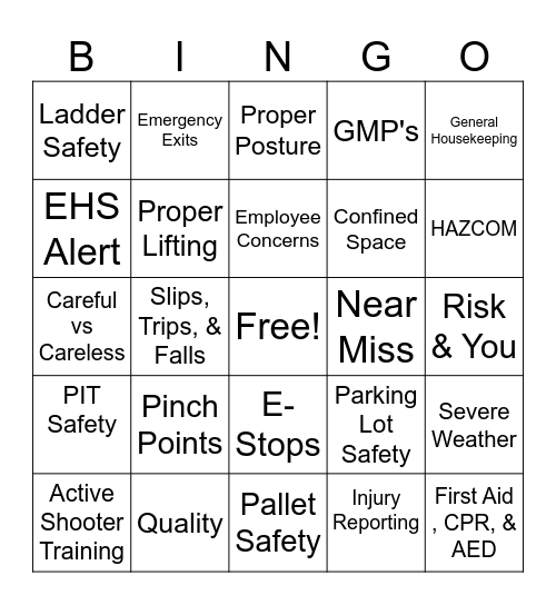 Safety Topic BINGO Card