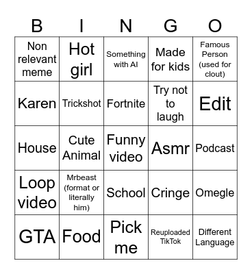 Youtube shorts Bingo Card