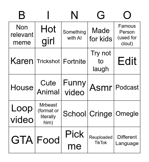 Youtube shorts Bingo Card