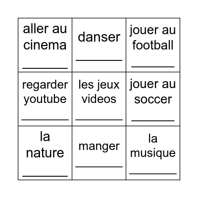 Qu'est-ce que tu aimes? Bingo Card