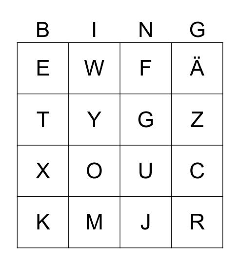 Deutsches Alphabet Bingo Card