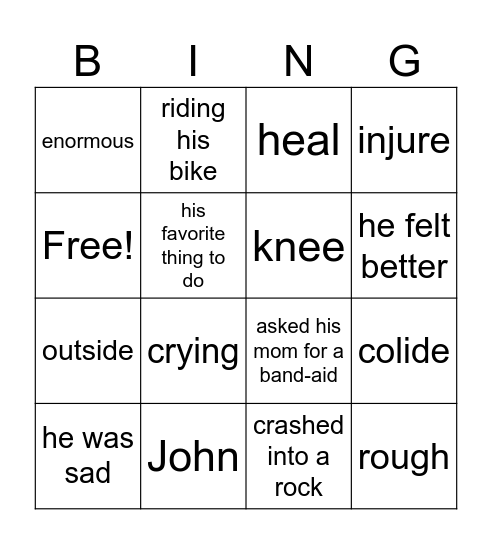 Story Champs #1 John Crashes His Bike Bingo Card
