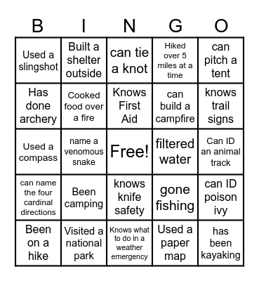 Outdoor Survival Skills Bingo Card