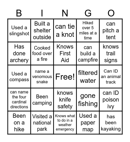 Outdoor Survival Skills Bingo Card