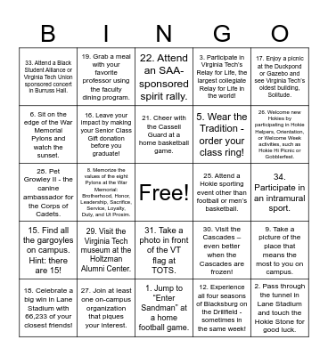 Hokie Bucket List Bingo Card
