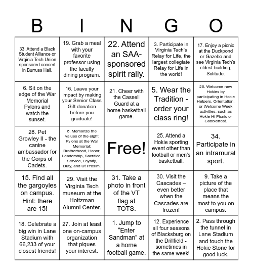 Hokie Bucket List Bingo Card