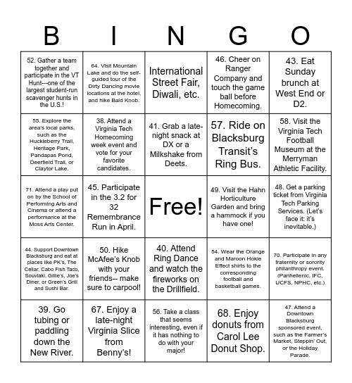 Hokie Bucket List Bingo Card