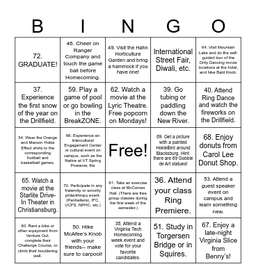 Hokie Bucket List BINGO Card