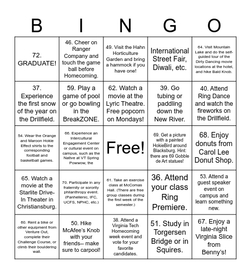 Hokie Bucket List BINGO Card